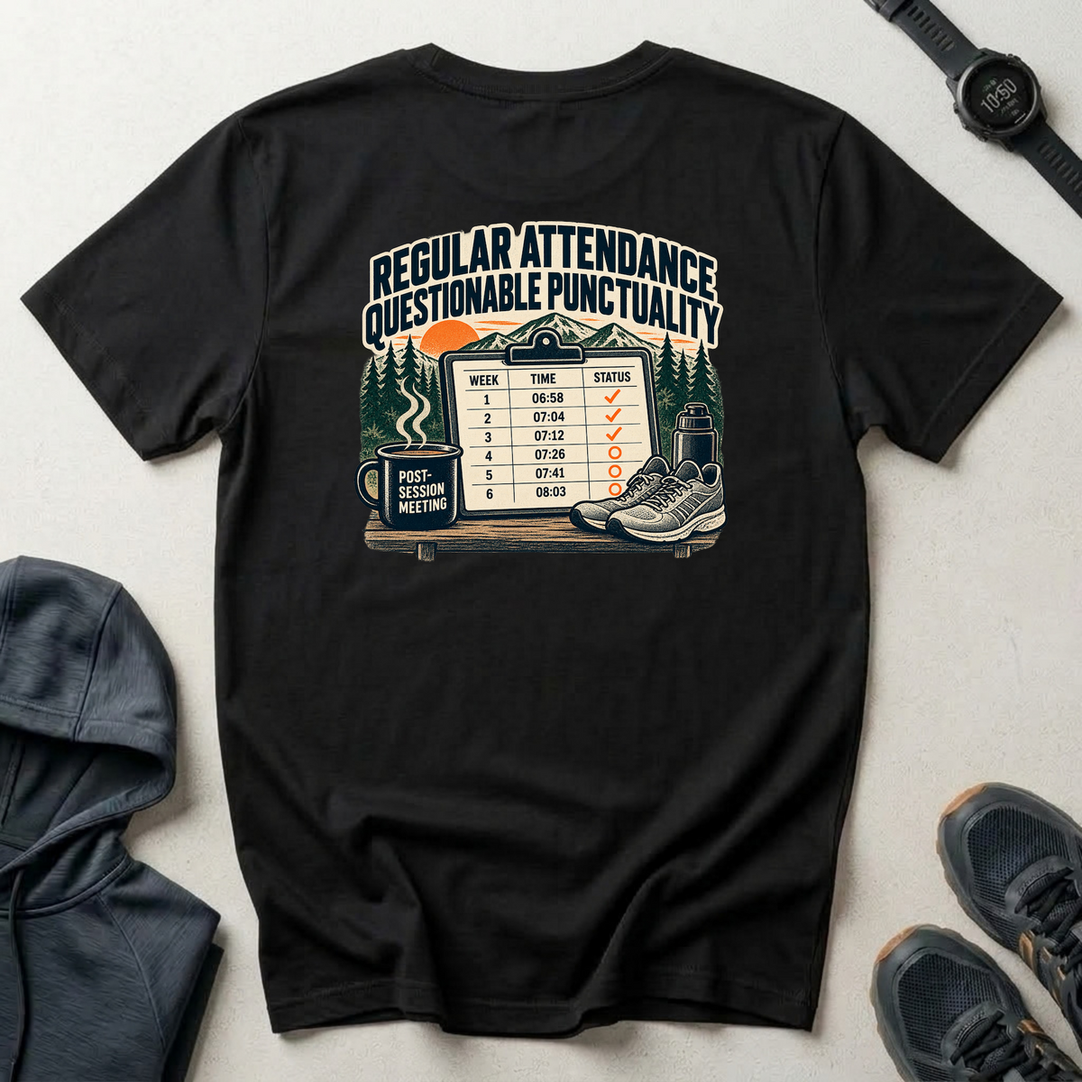 Social Division - Always attends. Questionable Punctionality T-Shirt. Retro funny T-shirt