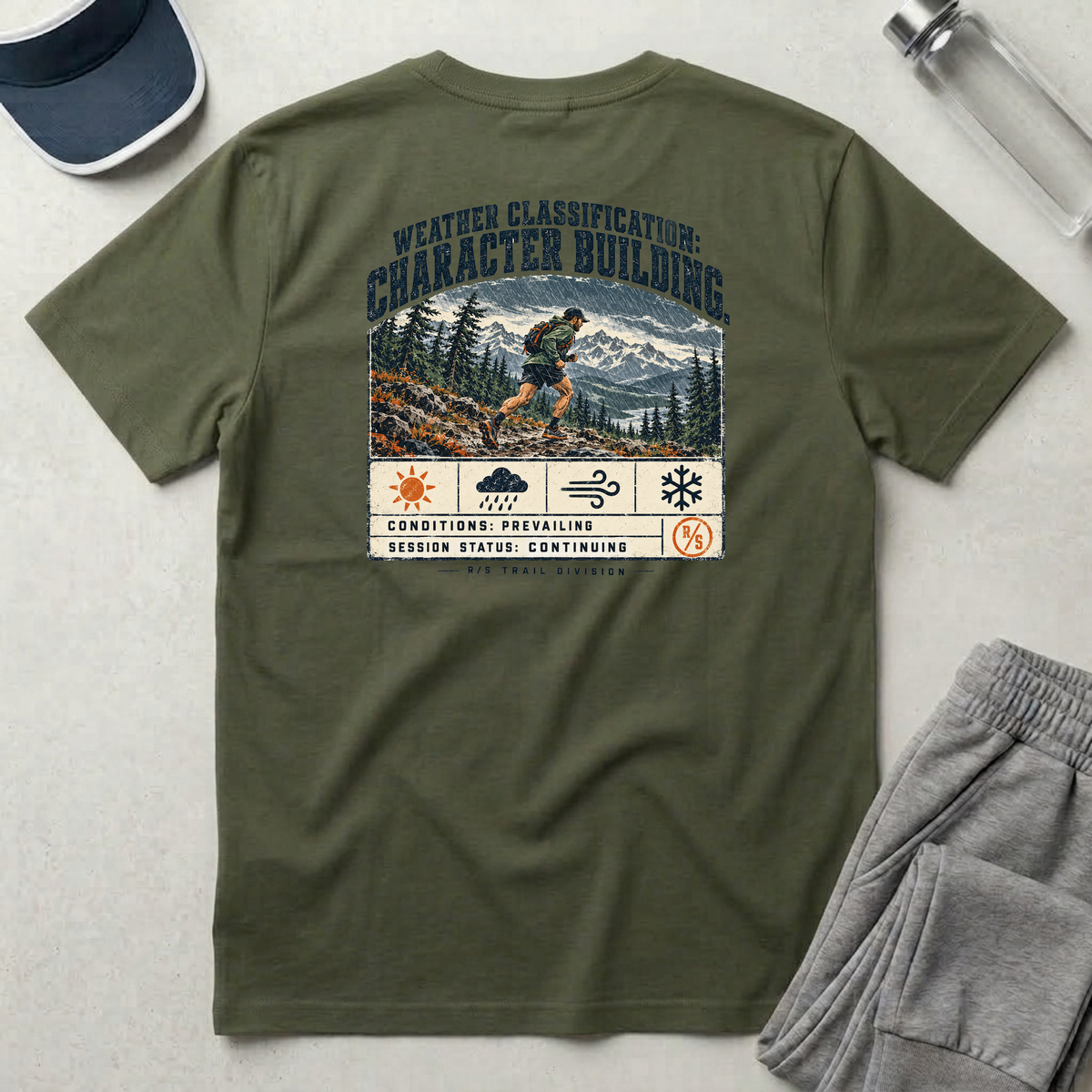Trail Division - Run in all weather - Character building. T-Shirt — Funny Retro Casual Tee